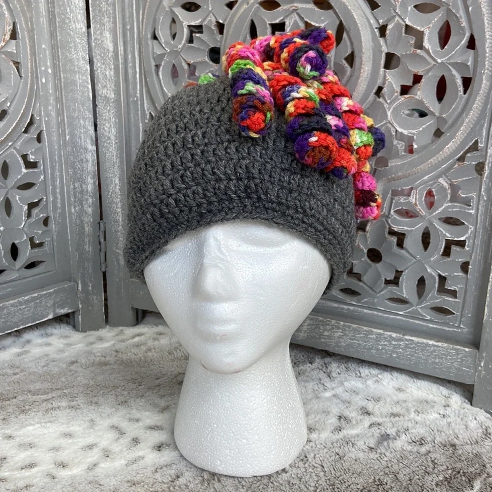 Handmade knit beanie boys girls OS rainbow ponytail curls unique Kidcore winter